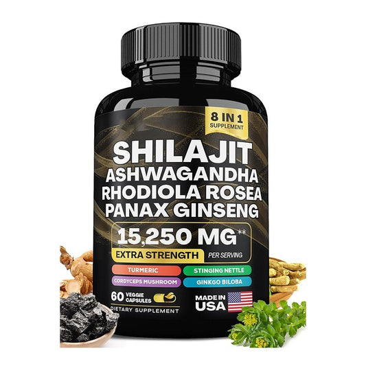 Shilajit Ashwagandha Rhodiola Rosea Panax Ginseng Supplement Fitness - Made in USA with 15,250MG Energize Your Vitality
