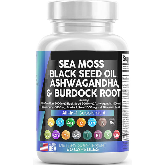 Clean Sea Moss + Ashwagandha Maca Root Bundle with Black Seed Oil, Burdock Root, Fenugreekand More
